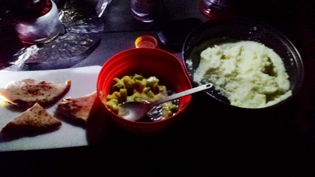 Tasty camp food in the dark.